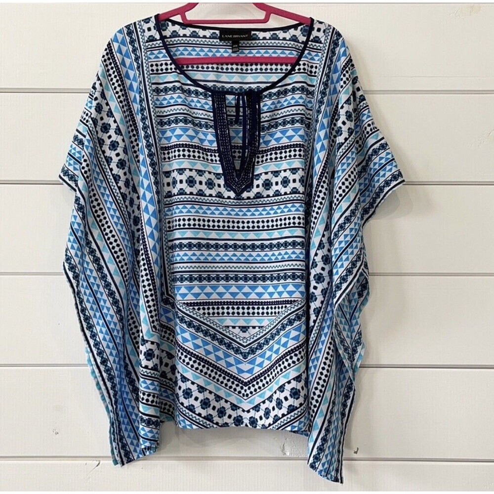 Lane Bryant Poncho Blouse Size 14/16 Ocean Blue Kaftan Sleeve Keyhole Neckline
